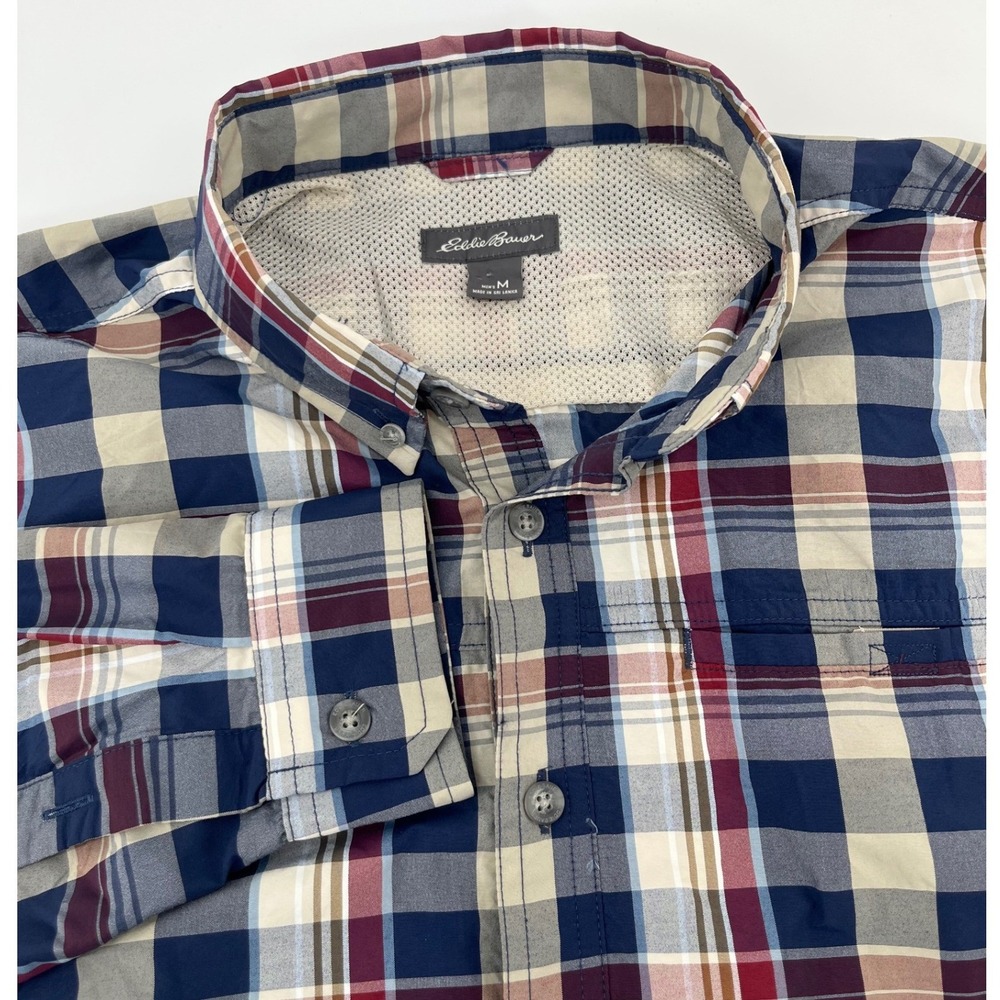 Eddie Bauer Plaid Button Down Mens Medium Blue Burgundy Long Sleeve Mesh Lined